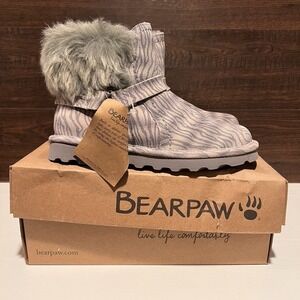 Bearpaw Konnie Tiger Faux Fur suede Fog Gray Low ankle boots Size 8